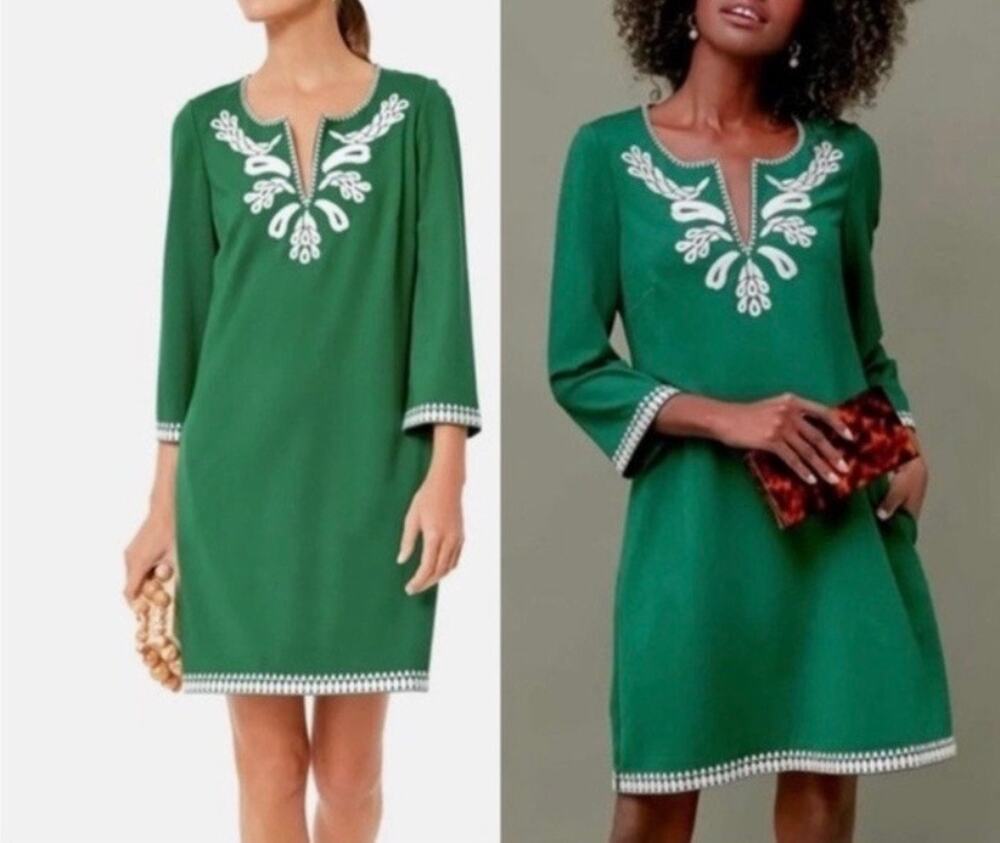TUCKERNUCK Miguelina Green Dress with White Embroidery Small EUC